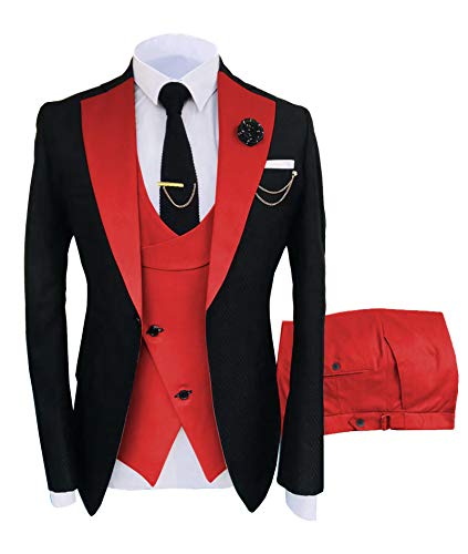 Men's Suits Slim Fit 3 Pieces Notch Lapel Formal Groomsmen Tuxedos for Wedding (Blazer+Vest+Pant)(Red,42)